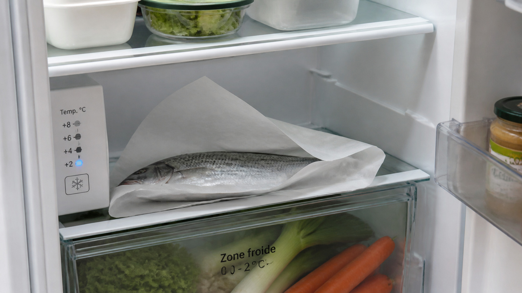 Poisson emballé posé dans la zone froide d'un réfrigérateur