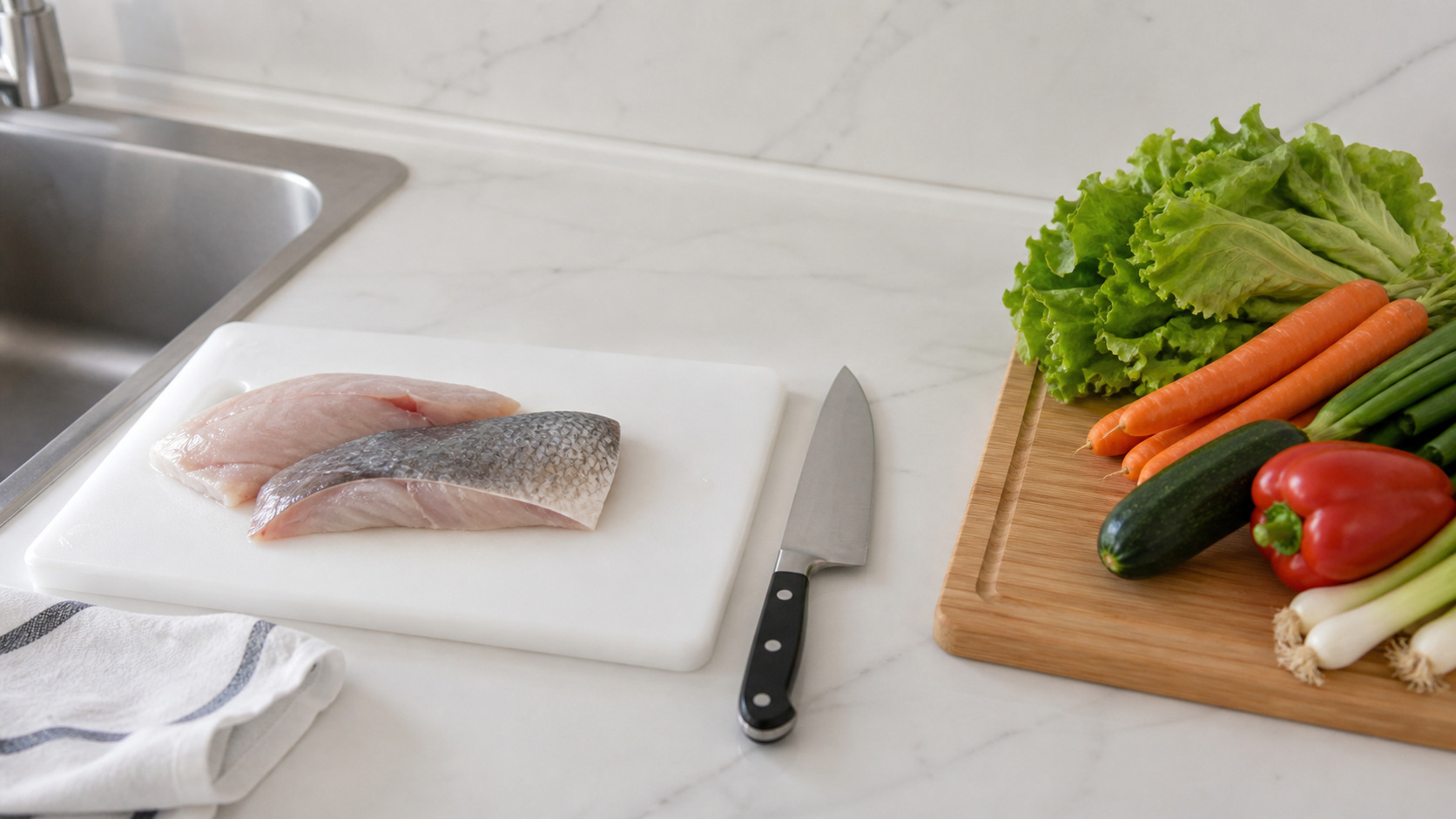 Planche de cuisine séparant poisson cru, couteau propre et légumes