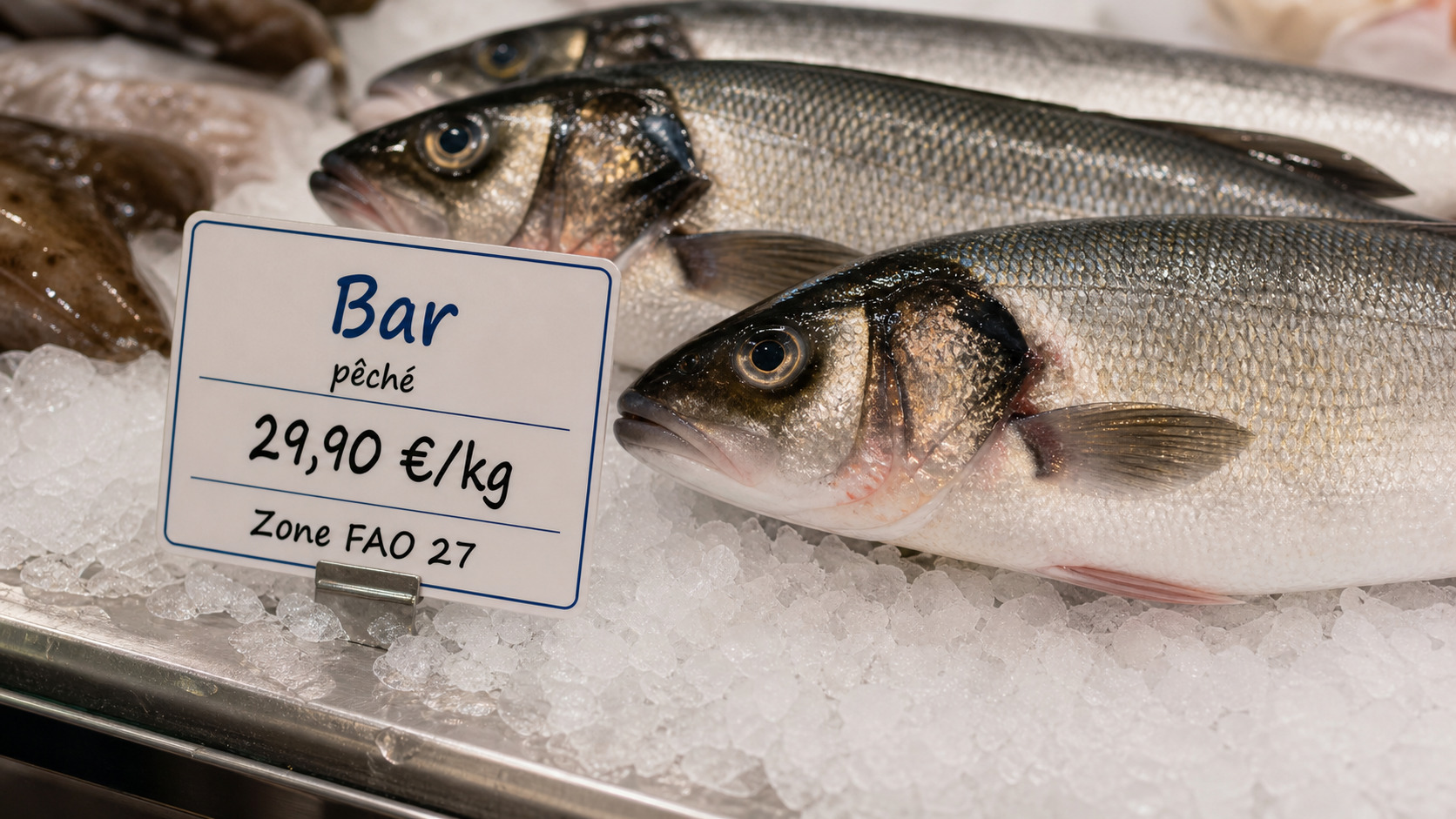 Étiquette de poissonnerie indiquant espèce, prix au kilo et zone de pêche