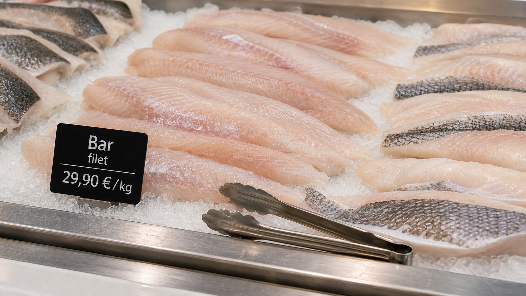 Filets de poisson préparés sur glace avec pinces et pancarte de prix