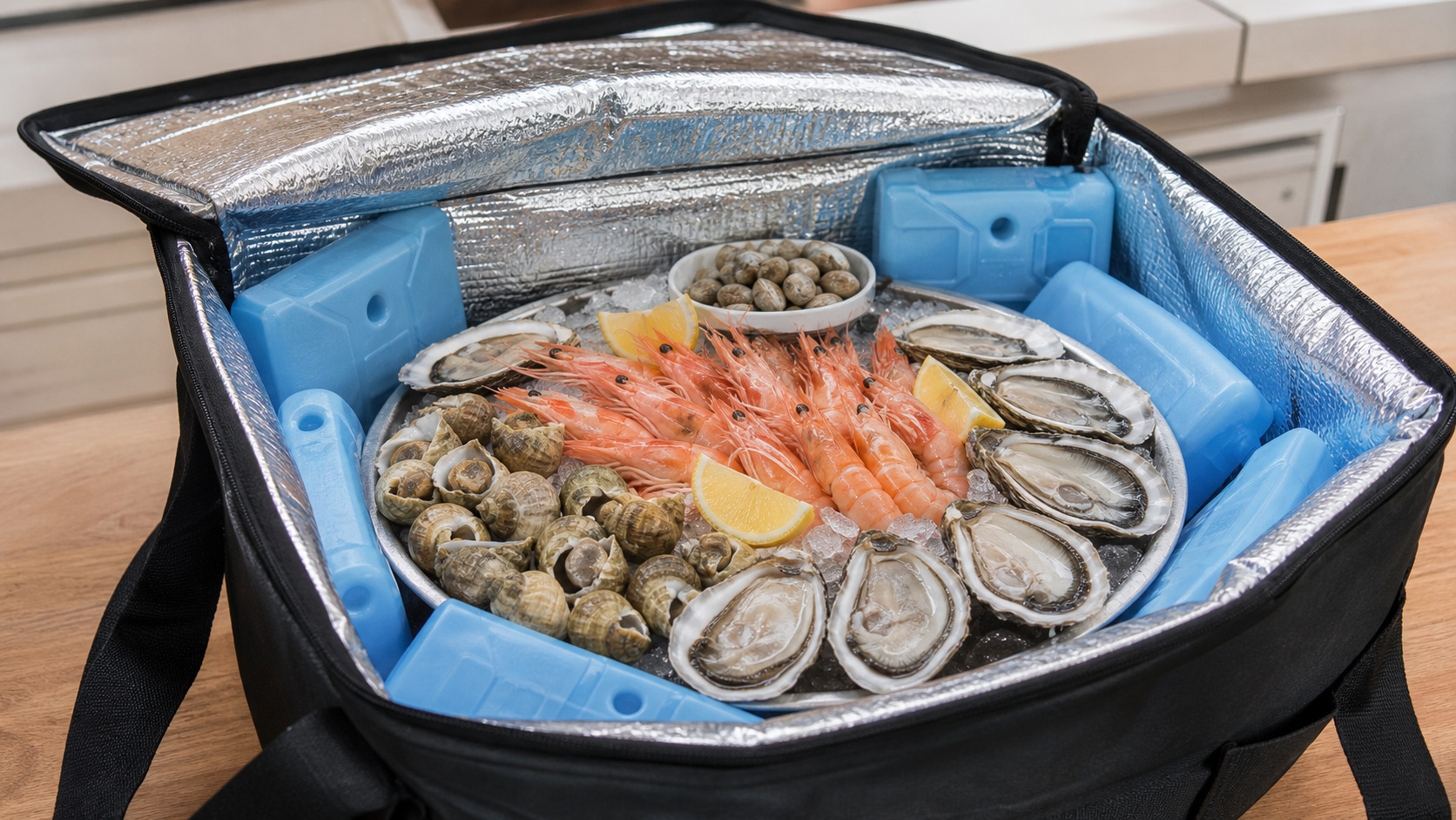 Plateau de fruits de mer dans un sac isotherme avec pains de glace