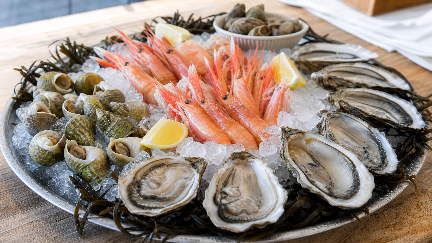 Plateau de fruits de mer dressé avec huîtres, crevettes, bulots et glace